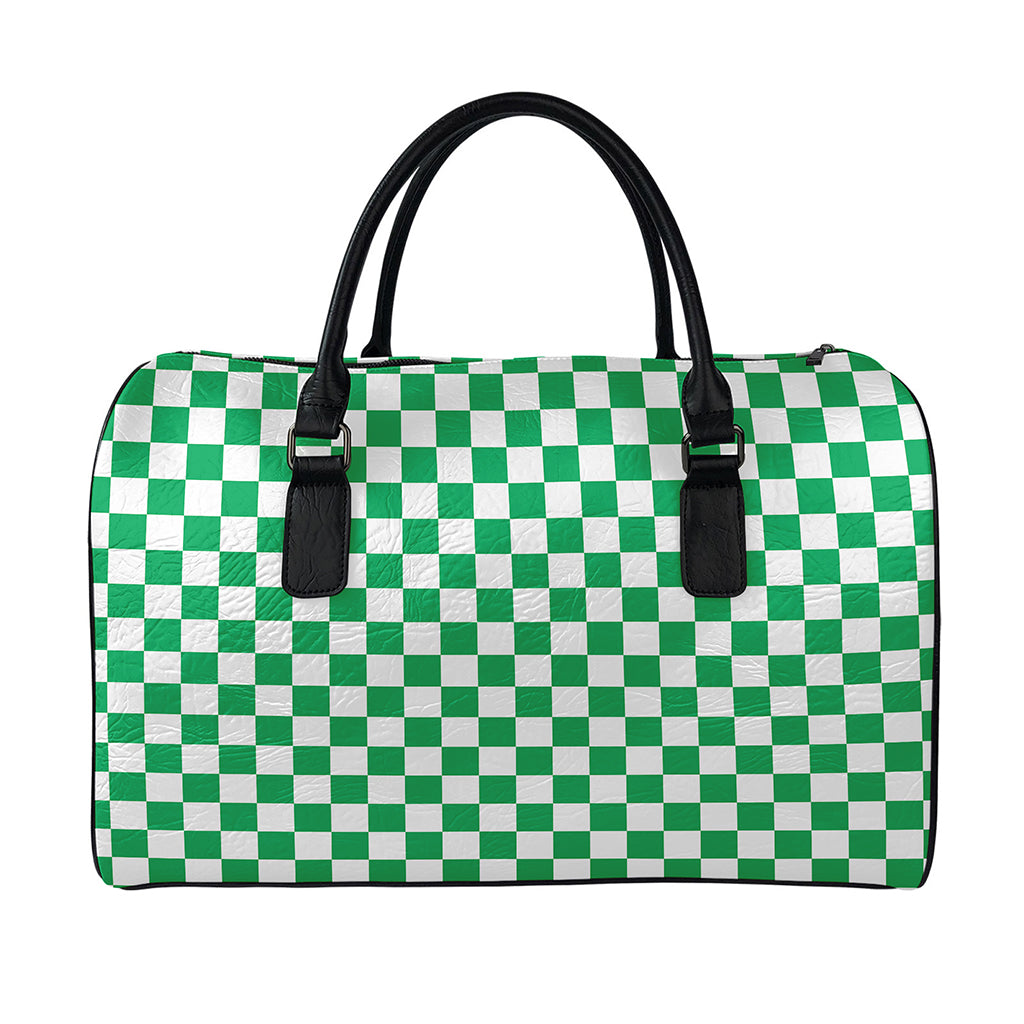 Green And White Checkered Pattern Print Leather Duffle Bag