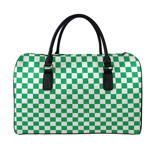 Green And White Checkered Pattern Print Leather Duffle Bag