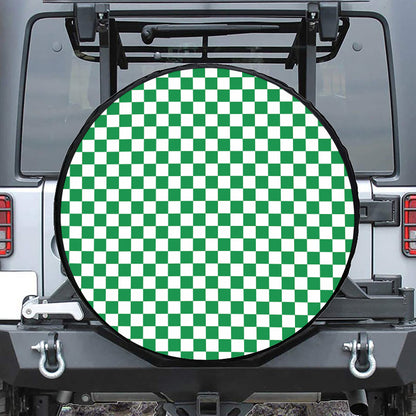 Green And White Checkered Pattern Print Leather Spare Tire Cover