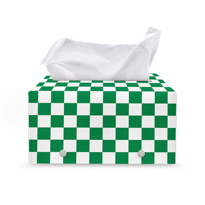 Green And White Checkered Pattern Print Leather Tissue Box Cover