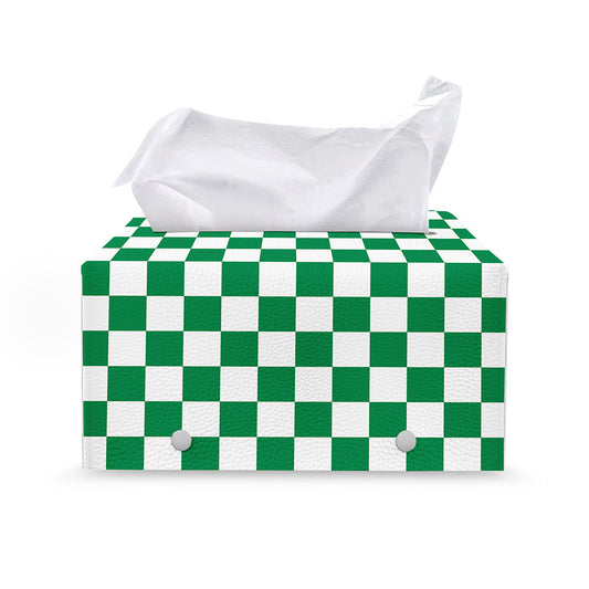 Green And White Checkered Pattern Print Leather Tissue Box Cover