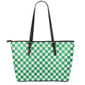 Green And White Checkered Pattern Print Leather Tote Bag With Zipper