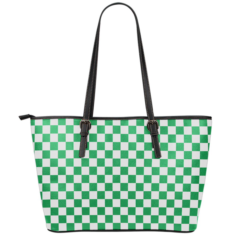 Green And White Checkered Pattern Print Leather Tote Bag