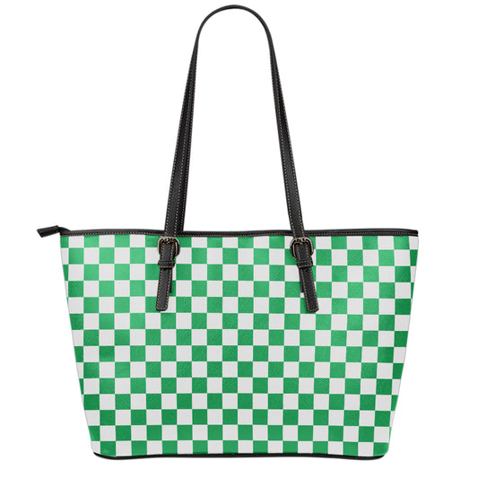 Green And White Checkered Pattern Print Leather Tote Bag