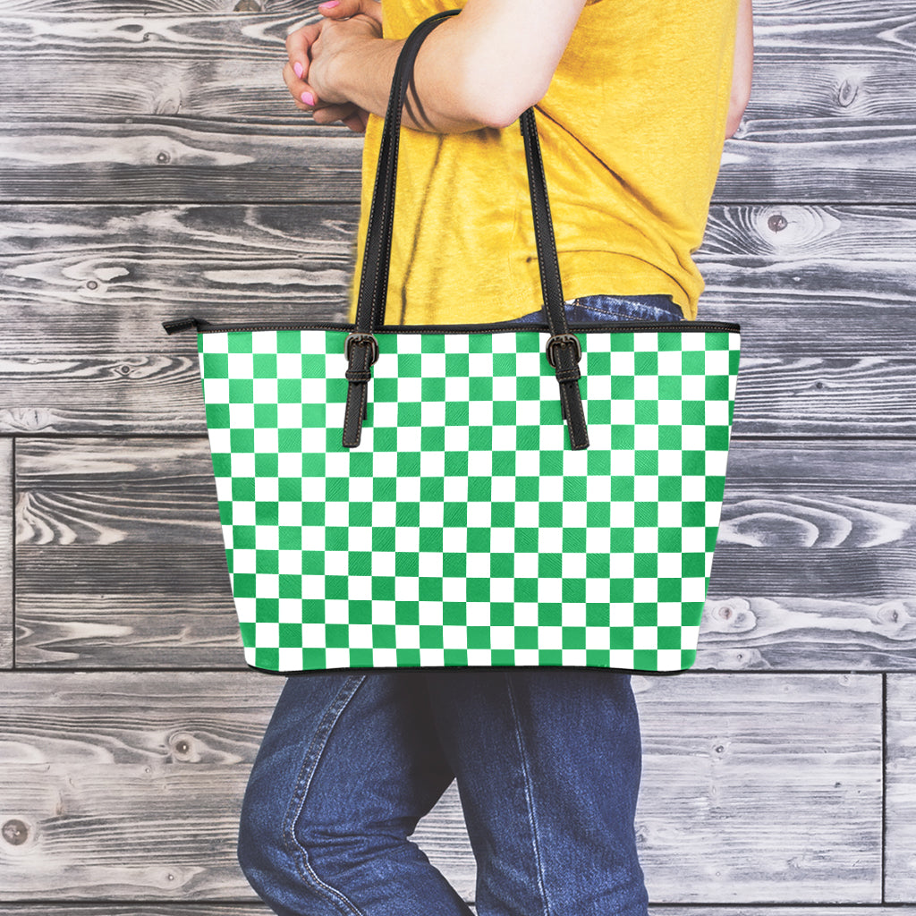 Green And White Checkered Pattern Print Leather Tote Bag
