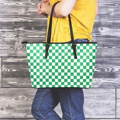 Green And White Checkered Pattern Print Leather Tote Bag