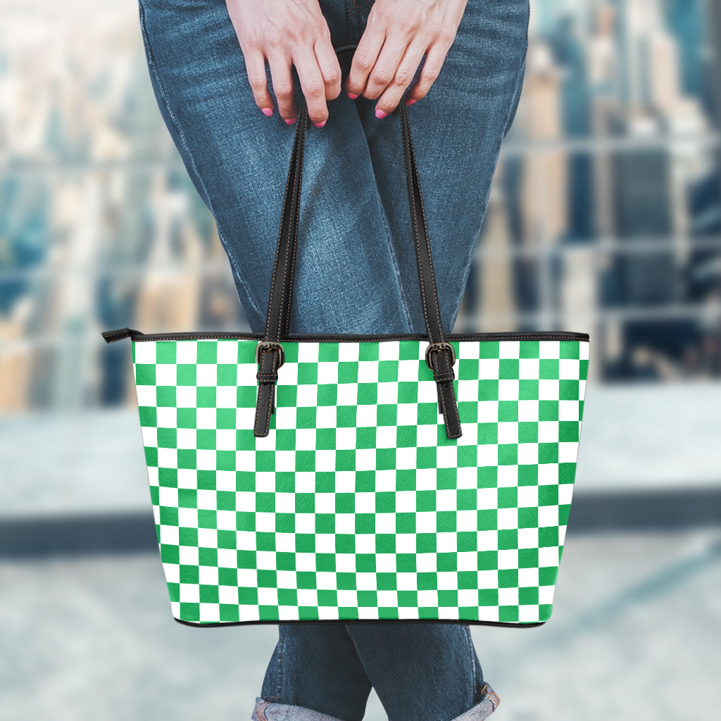 Green And White Checkered Pattern Print Leather Tote Bag