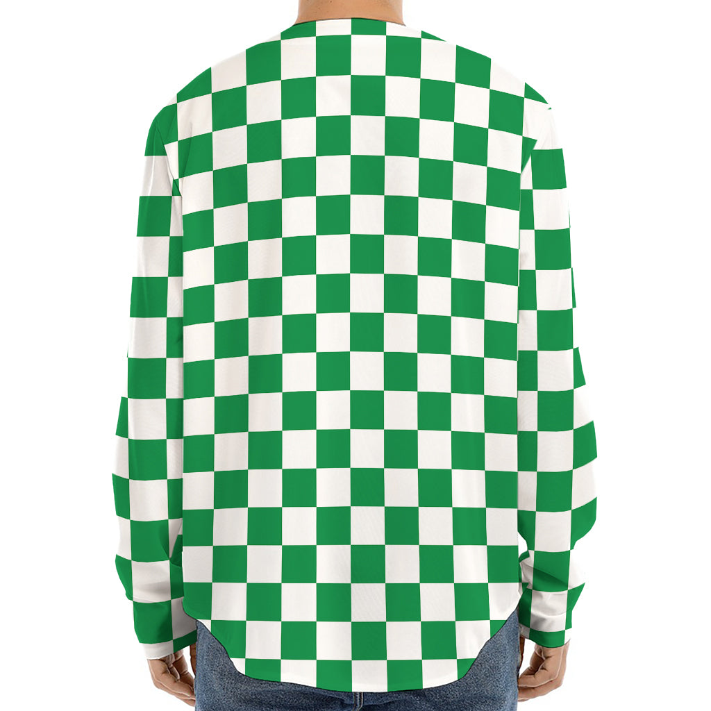 Green And White Checkered Pattern Print Long Sleeve Baseball Jersey