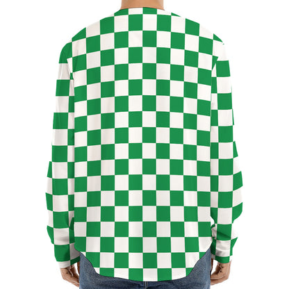 Green And White Checkered Pattern Print Long Sleeve Baseball Jersey