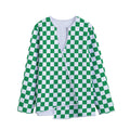 Green And White Checkered Pattern Print Long Sleeve Short Coat