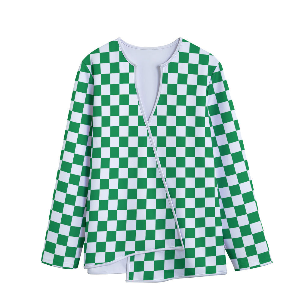 Green And White Checkered Pattern Print Long Sleeve Short Coat