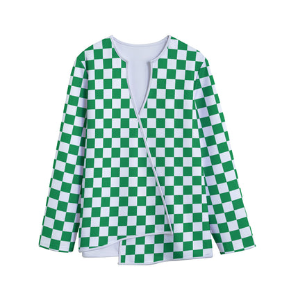 Green And White Checkered Pattern Print Long Sleeve Short Coat