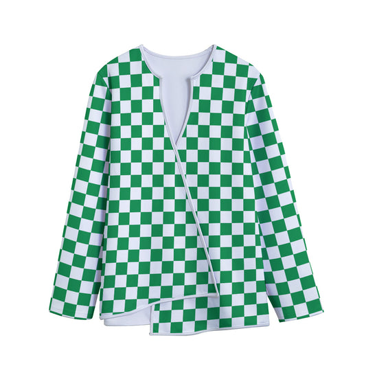 Green And White Checkered Pattern Print Long Sleeve Short Coat