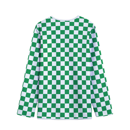 Green And White Checkered Pattern Print Long Sleeve Short Coat