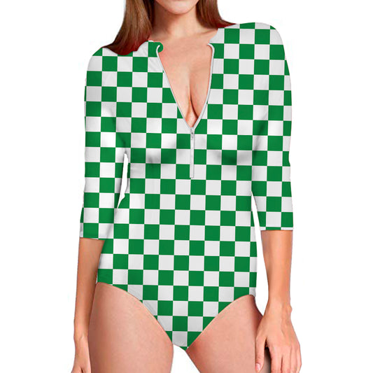Green And White Checkered Pattern Print Long Sleeve Swimsuit