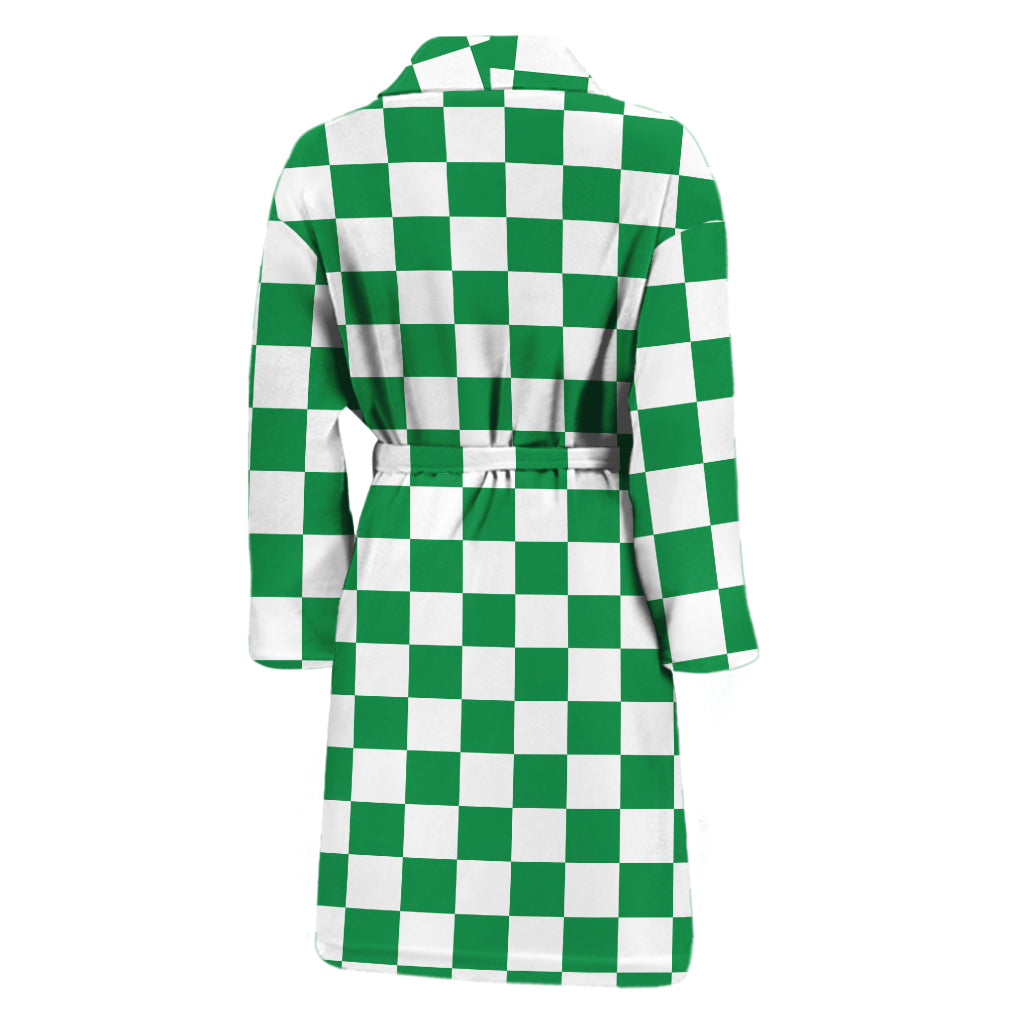 Green And White Checkered Pattern Print Men's Bathrobe