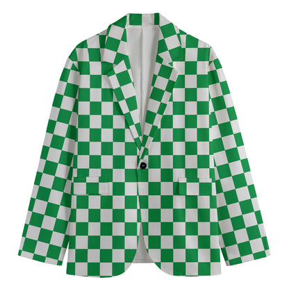 Green And White Checkered Pattern Print Men's Blazer