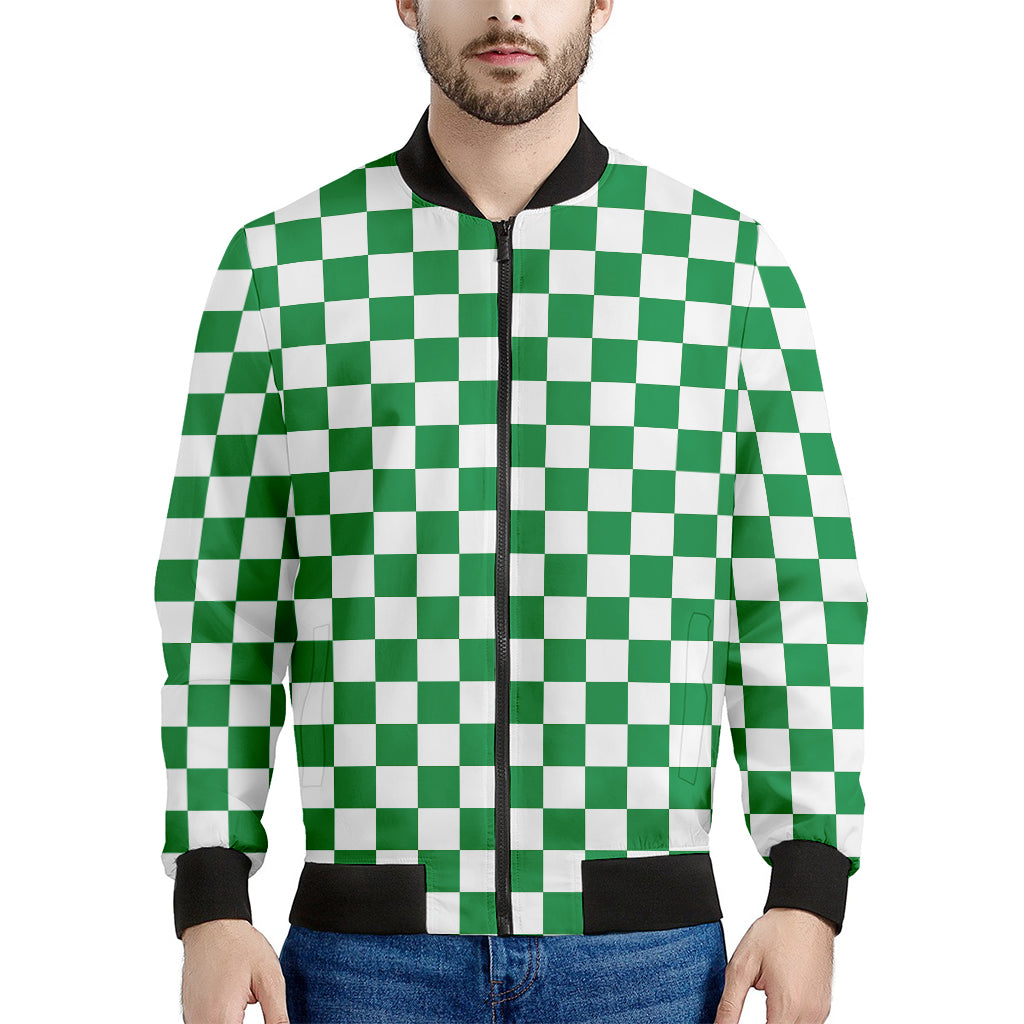 Green And White Checkered Pattern Print Men's Bomber Jacket