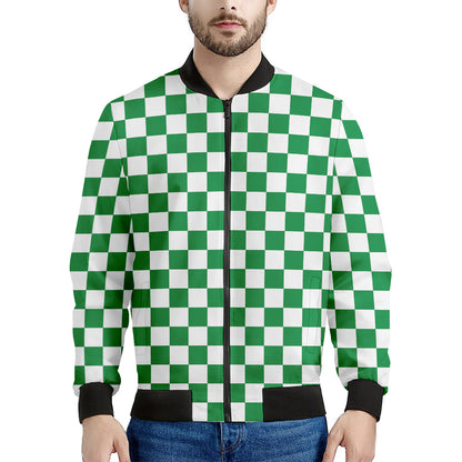 Green And White Checkered Pattern Print Men's Bomber Jacket