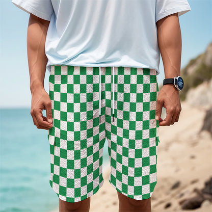 Green And White Checkered Pattern Print Men's Cargo Shorts