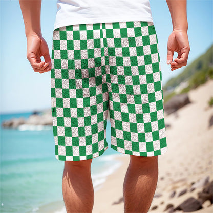 Green And White Checkered Pattern Print Men's Cargo Shorts