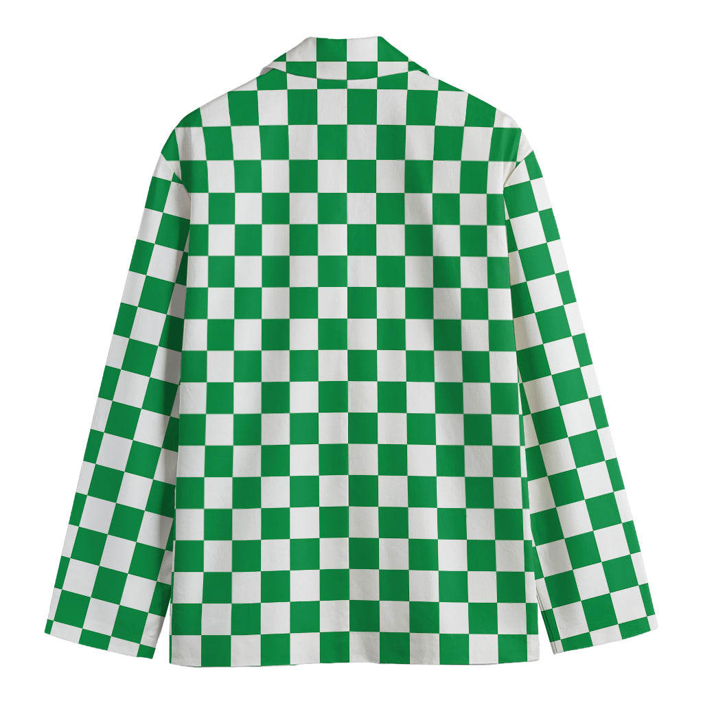 Green And White Checkered Pattern Print Men's Cotton Blazer