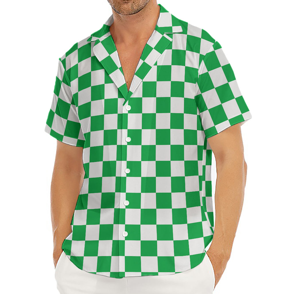 Green And White Checkered Pattern Print Men's Deep V-Neck Shirt