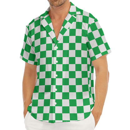Green And White Checkered Pattern Print Men's Deep V-Neck Shirt