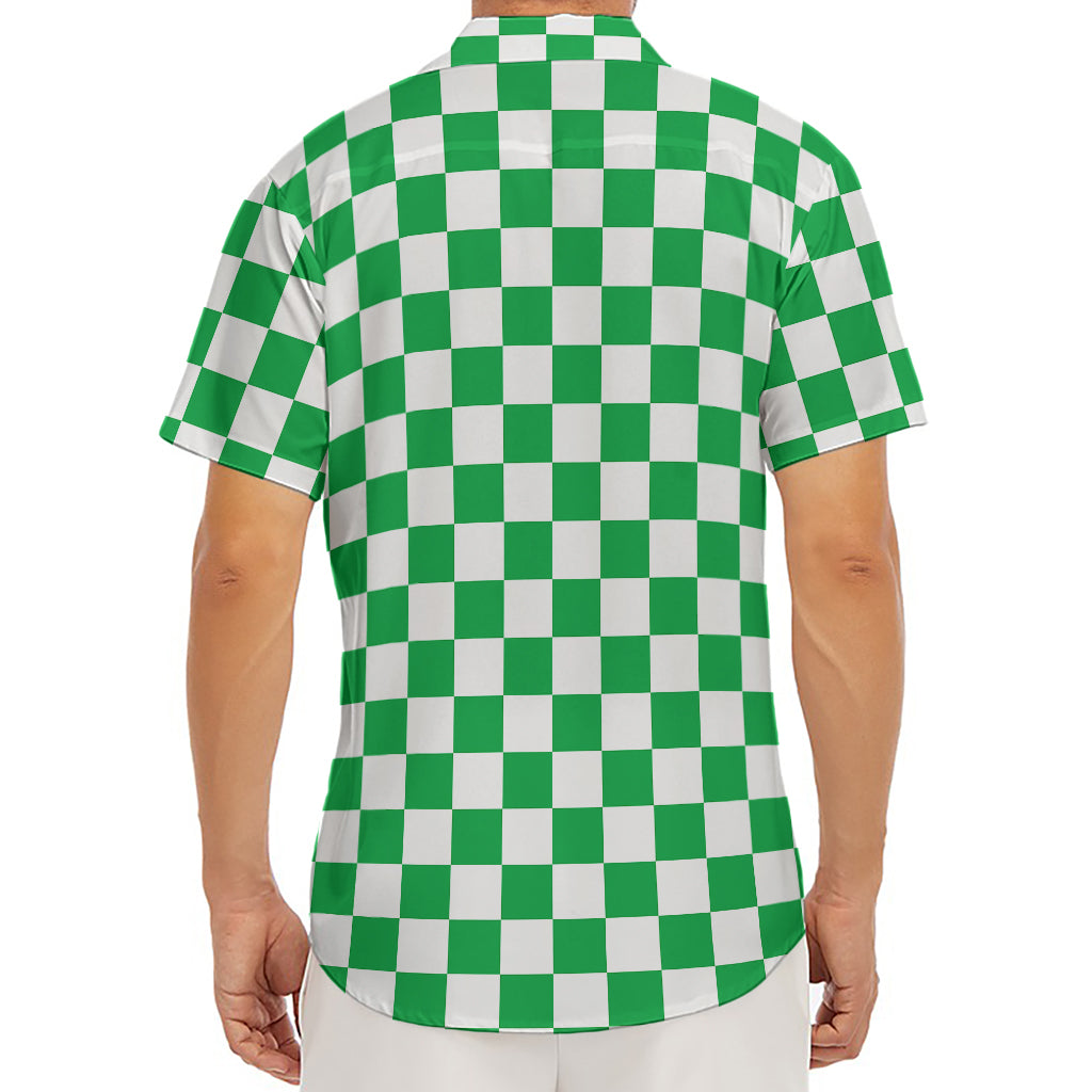 Green And White Checkered Pattern Print Men's Deep V-Neck Shirt