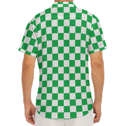 Green And White Checkered Pattern Print Men's Deep V-Neck Shirt