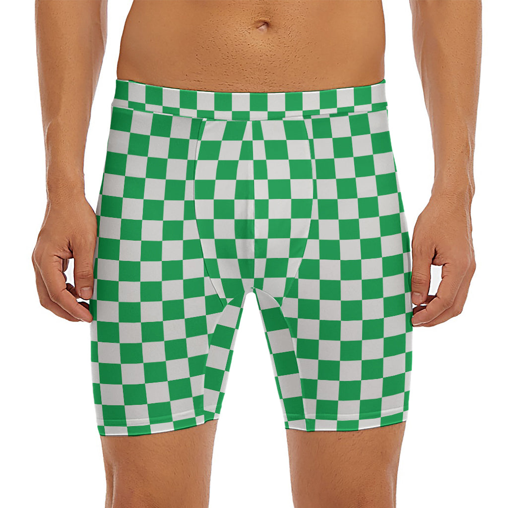 Green And White Checkered Pattern Print Men's Long Boxer Briefs