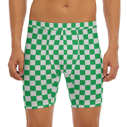 Green And White Checkered Pattern Print Men's Long Boxer Briefs