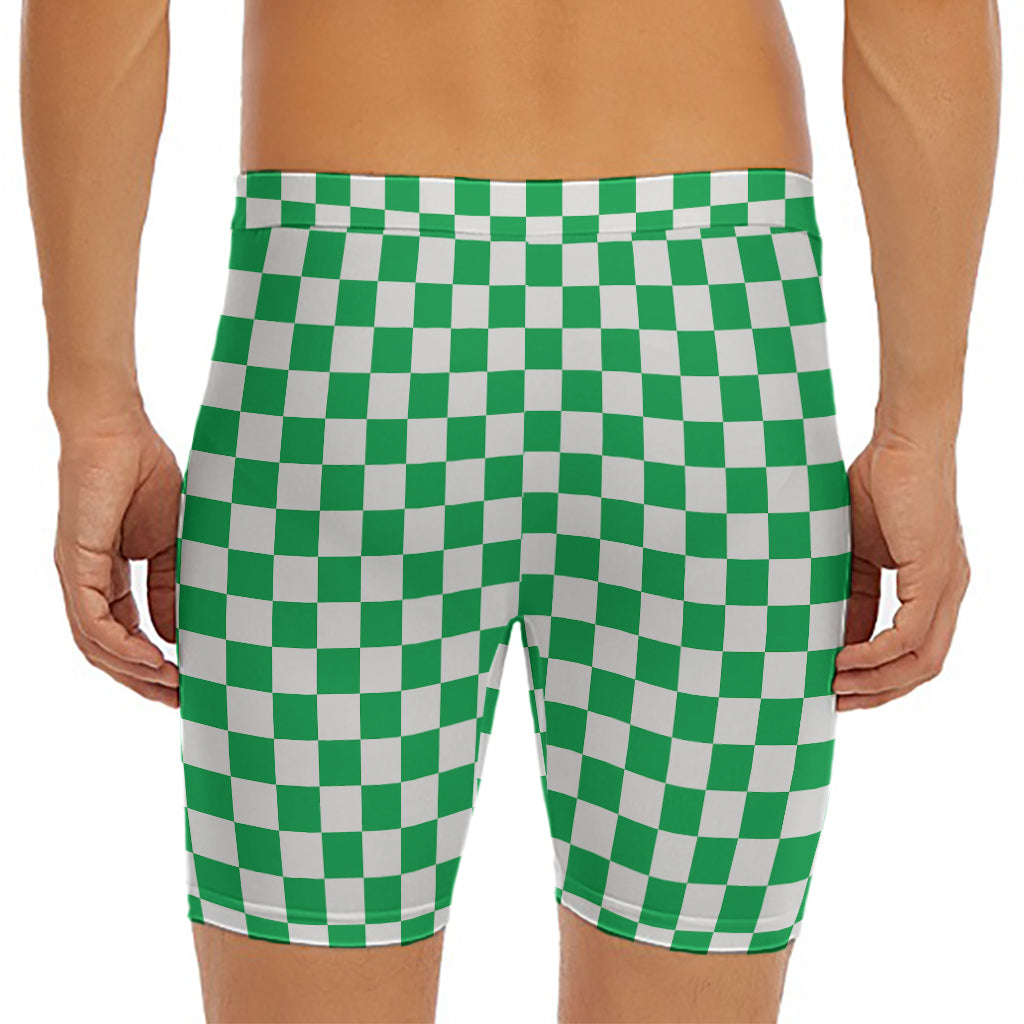 Green And White Checkered Pattern Print Men's Long Boxer Briefs