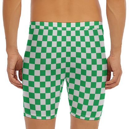 Green And White Checkered Pattern Print Men's Long Boxer Briefs