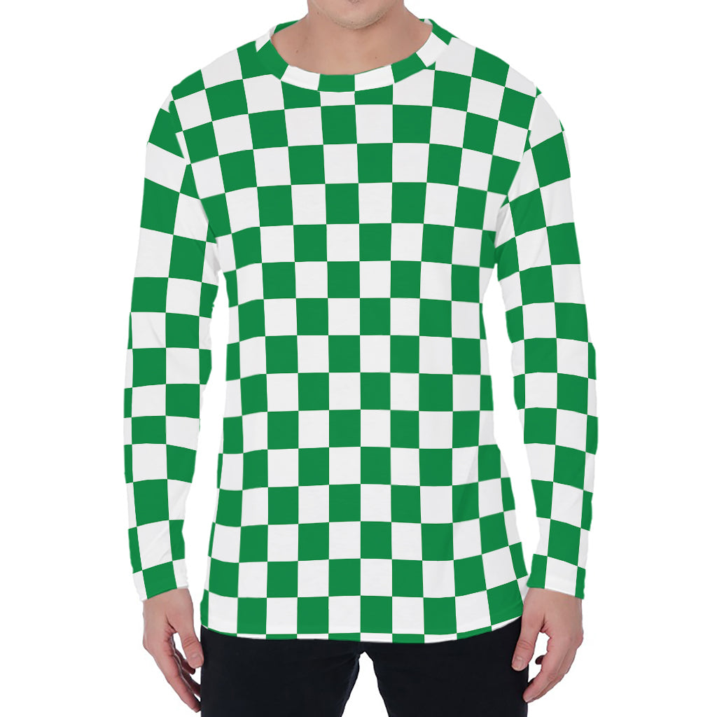 Green And White Checkered Pattern Print Men's Long Sleeve T-Shirt