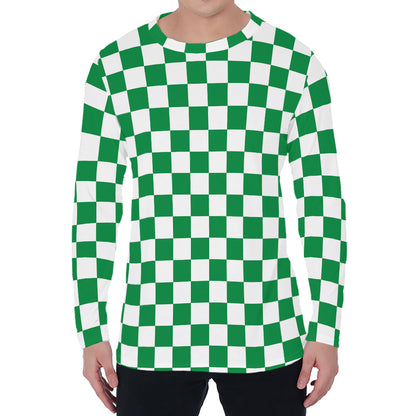Green And White Checkered Pattern Print Men's Long Sleeve T-Shirt