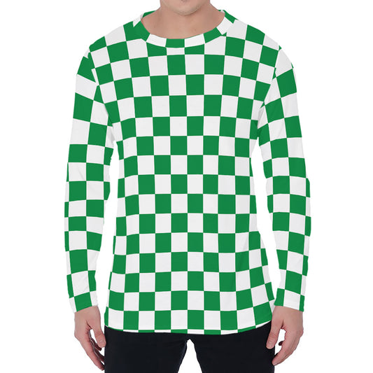Green And White Checkered Pattern Print Men's Long Sleeve T-Shirt