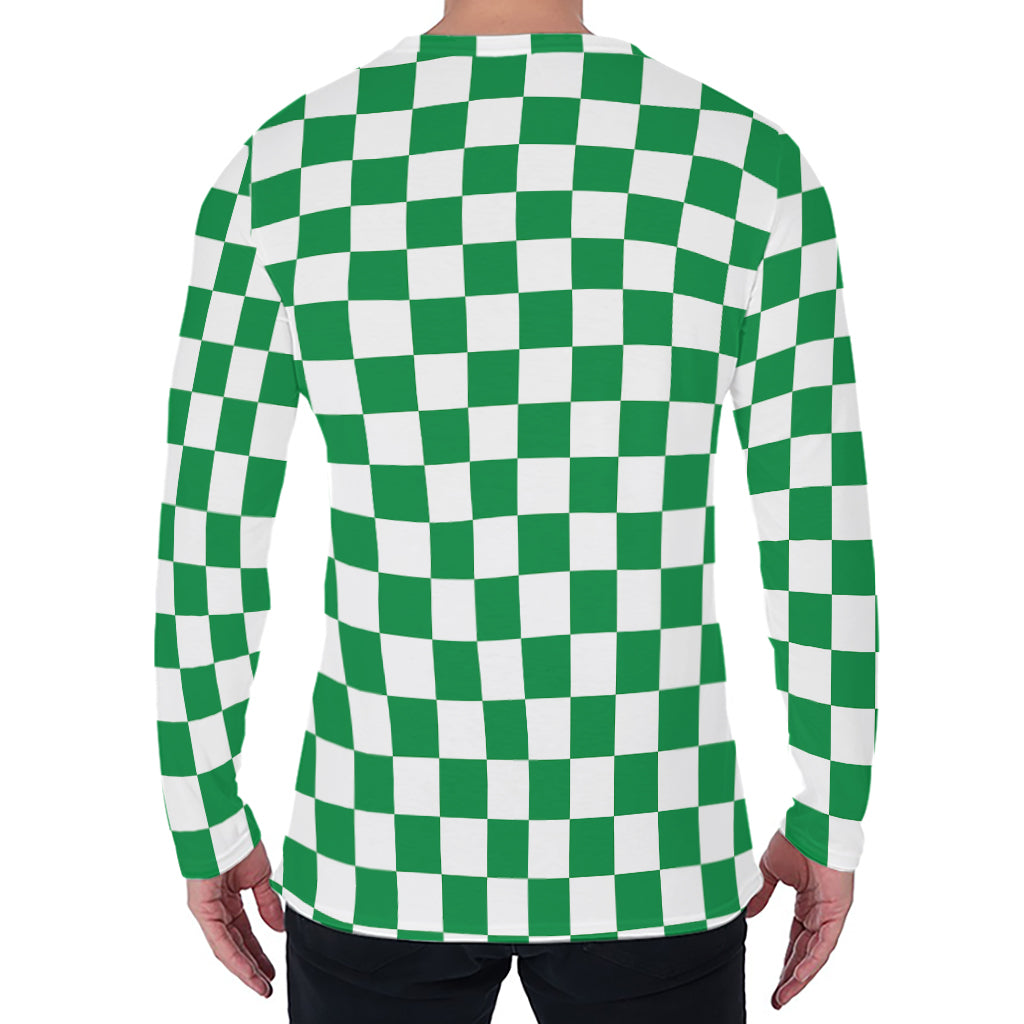 Green And White Checkered Pattern Print Men's Long Sleeve T-Shirt