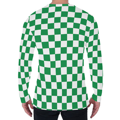 Green And White Checkered Pattern Print Men's Long Sleeve T-Shirt