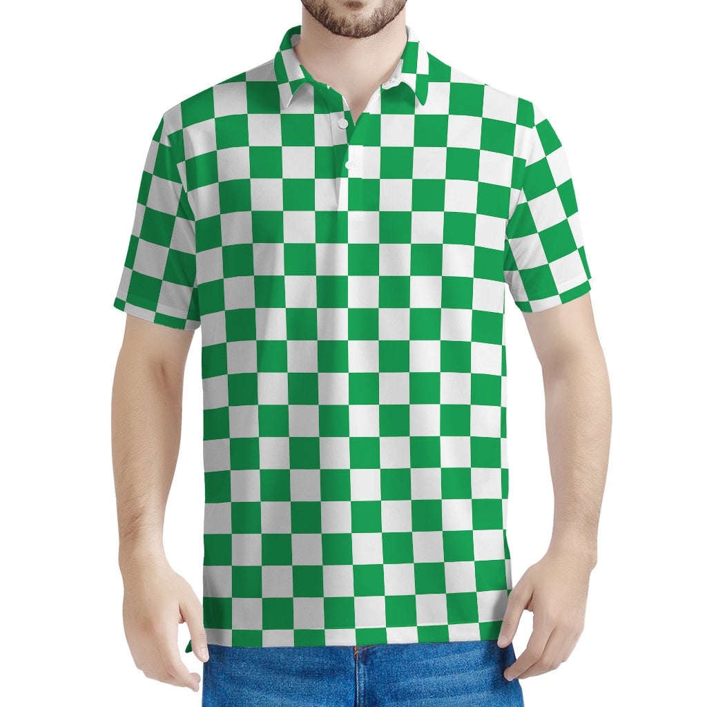 Green And White Checkered Pattern Print Men's Polo Shirt