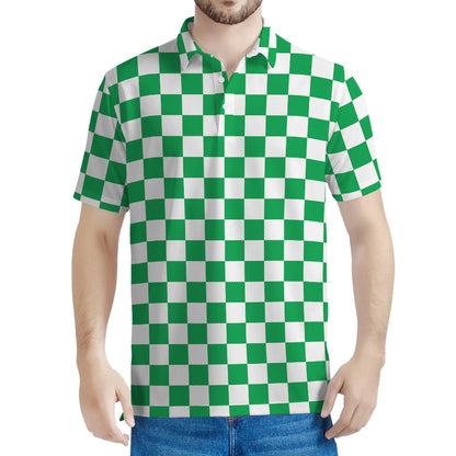 Green And White Checkered Pattern Print Men's Polo Shirt