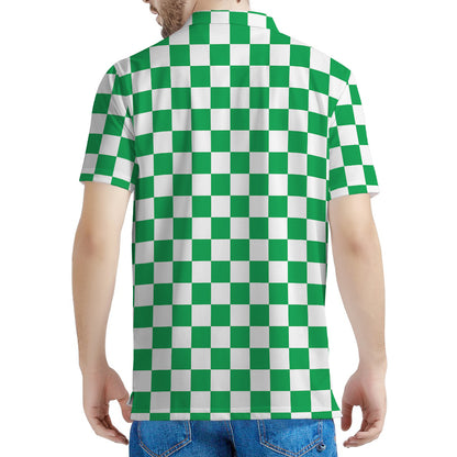 Green And White Checkered Pattern Print Men's Polo Shirt