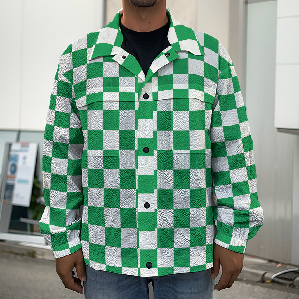 Green And White Checkered Pattern Print Men's Shirt Jacket