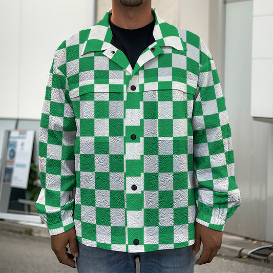 Green And White Checkered Pattern Print Men's Shirt Jacket