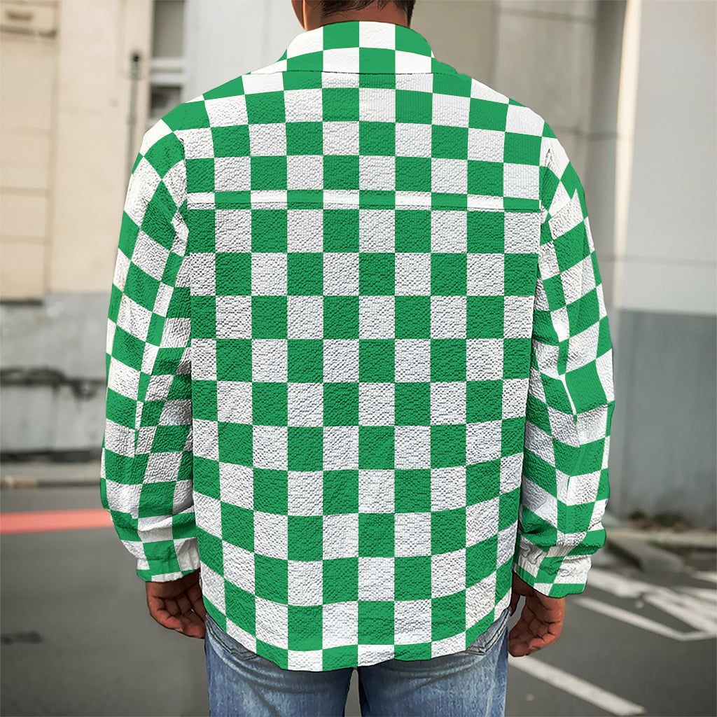 Green And White Checkered Pattern Print Men's Shirt Jacket