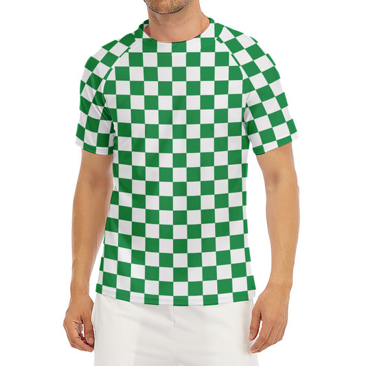 Green And White Checkered Pattern Print Men's Short Sleeve Rash Guard