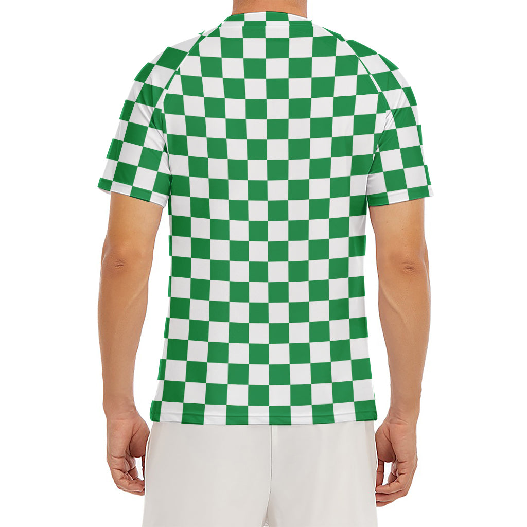 Green And White Checkered Pattern Print Men's Short Sleeve Rash Guard