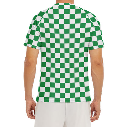 Green And White Checkered Pattern Print Men's Short Sleeve Rash Guard