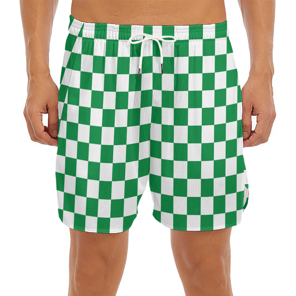Green And White Checkered Pattern Print Men's Split Running Shorts