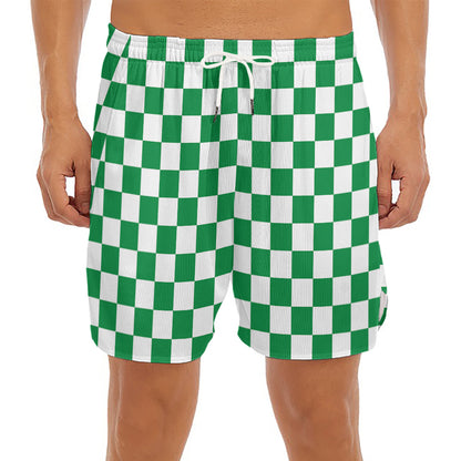Green And White Checkered Pattern Print Men's Split Running Shorts